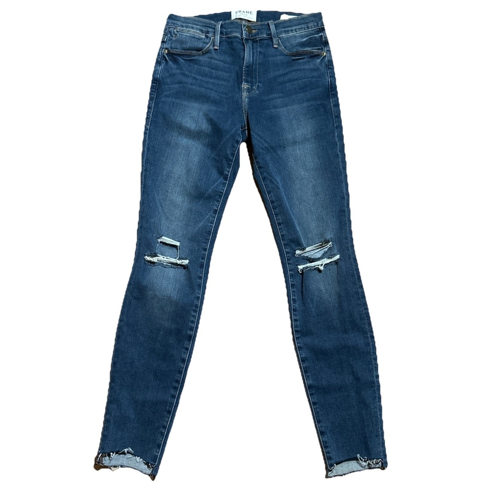Frame Denim Jeans Le High Skinny Women's 25 Distressed Cropped Raw Hem Dark Wash